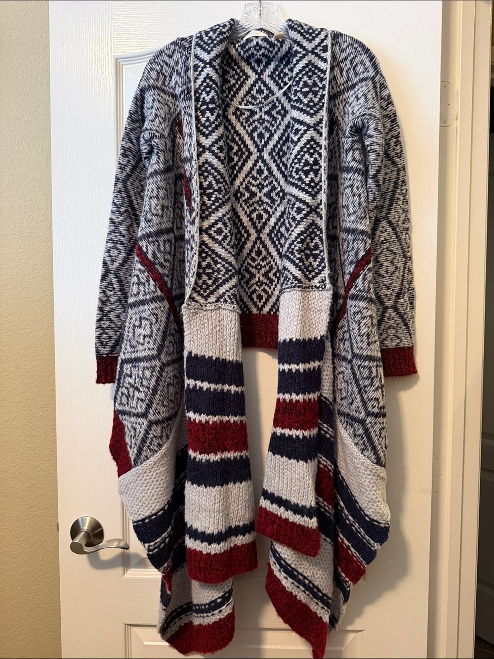 Anthropologie Geometric Open-Front Cardigan Sweater - Red, Navy & Gray